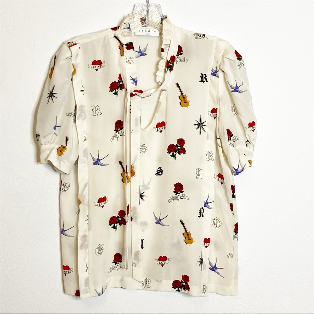 Sandro Hana Western Tattoo Tie Neck 100% Silk Short Sleeve Blouse Size 2 SM
